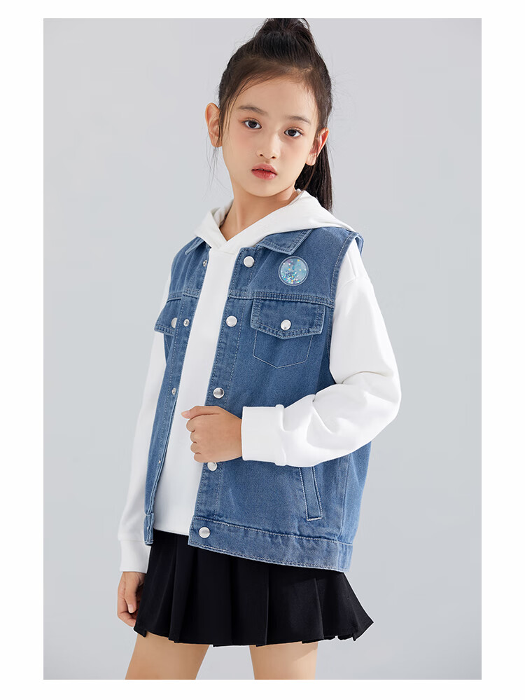 QQ DUCK Children's Denim Jacket Girls Casual Vest Sleeveless Top Versatile Waistcoat Blue; 140 9