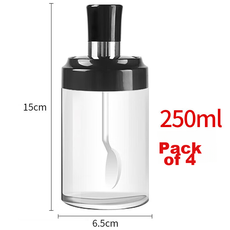 Xingfang Glass Salt Shaker Barbecue Seasoning Bottle with Spoon And Lid, All-In Household Sealed Storage Salt And Sugar Container, Set of 4