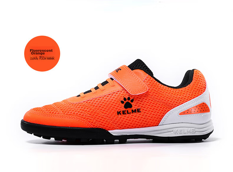 KELME Soccer Shoes with Velcro, Youth Slip-On Cleats, TF Breathable Student Football Boots, Fluorescent Orange, Size 38 9