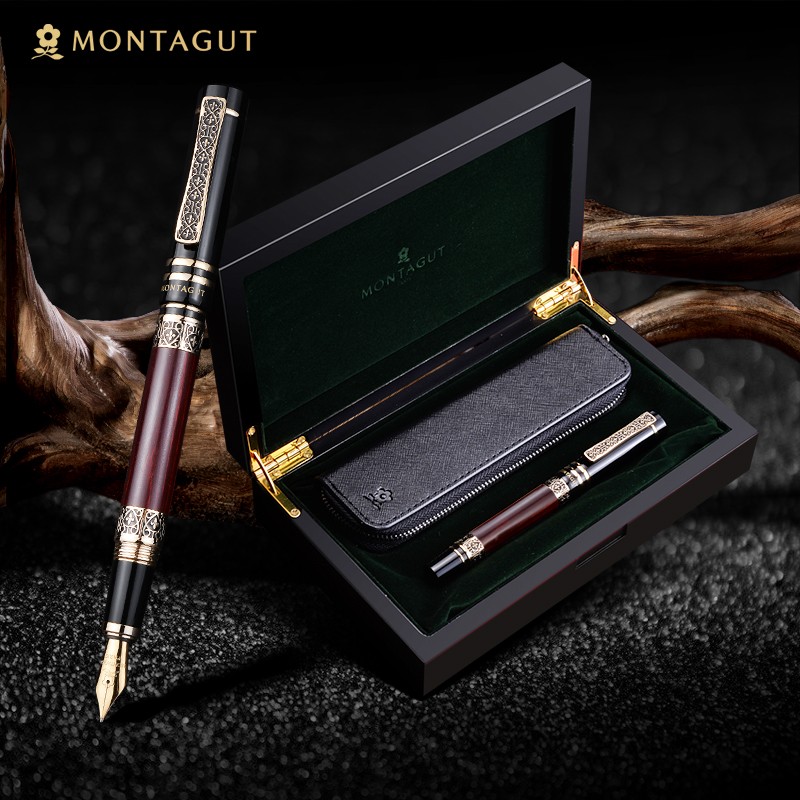 MONTAGUT [Mid-Autumn Festival Gift] High-End Fountain Pen Gift Box, Leather Zipper Pen Case, Spiral Pen Cap, Vintage Set, Zun Chong Series, Kitanmu Series, 0.5mm