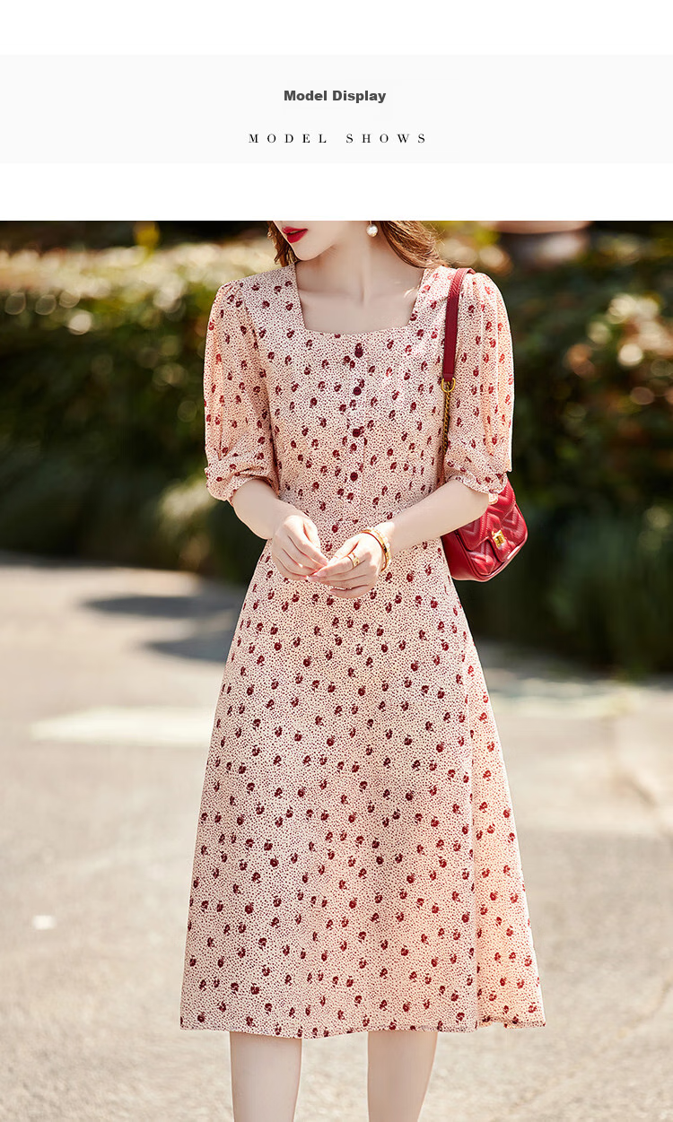 Dme Chiffon Floral Print Summer Waist-Cinching A-Line Square Neck Puff Sleeve Floral Single Row Decorative Button Dress for Women Summer Goose Yellow S 15