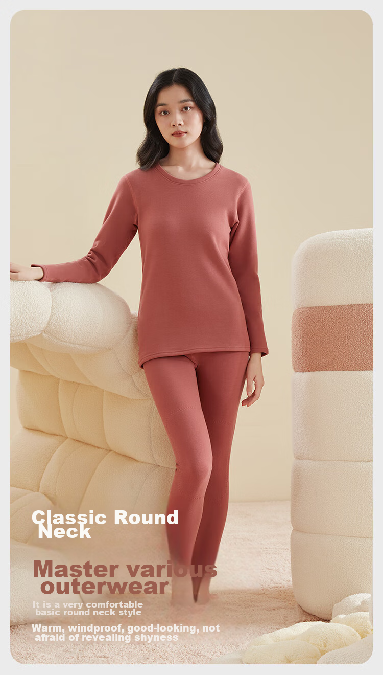 HLA [Xiaohuo-7 Fen Huo] Women's Thermal Underwear, Fleece-Lined Warm Ginger Heating Patch, Thickened Autumn Top And Pants Set 13
