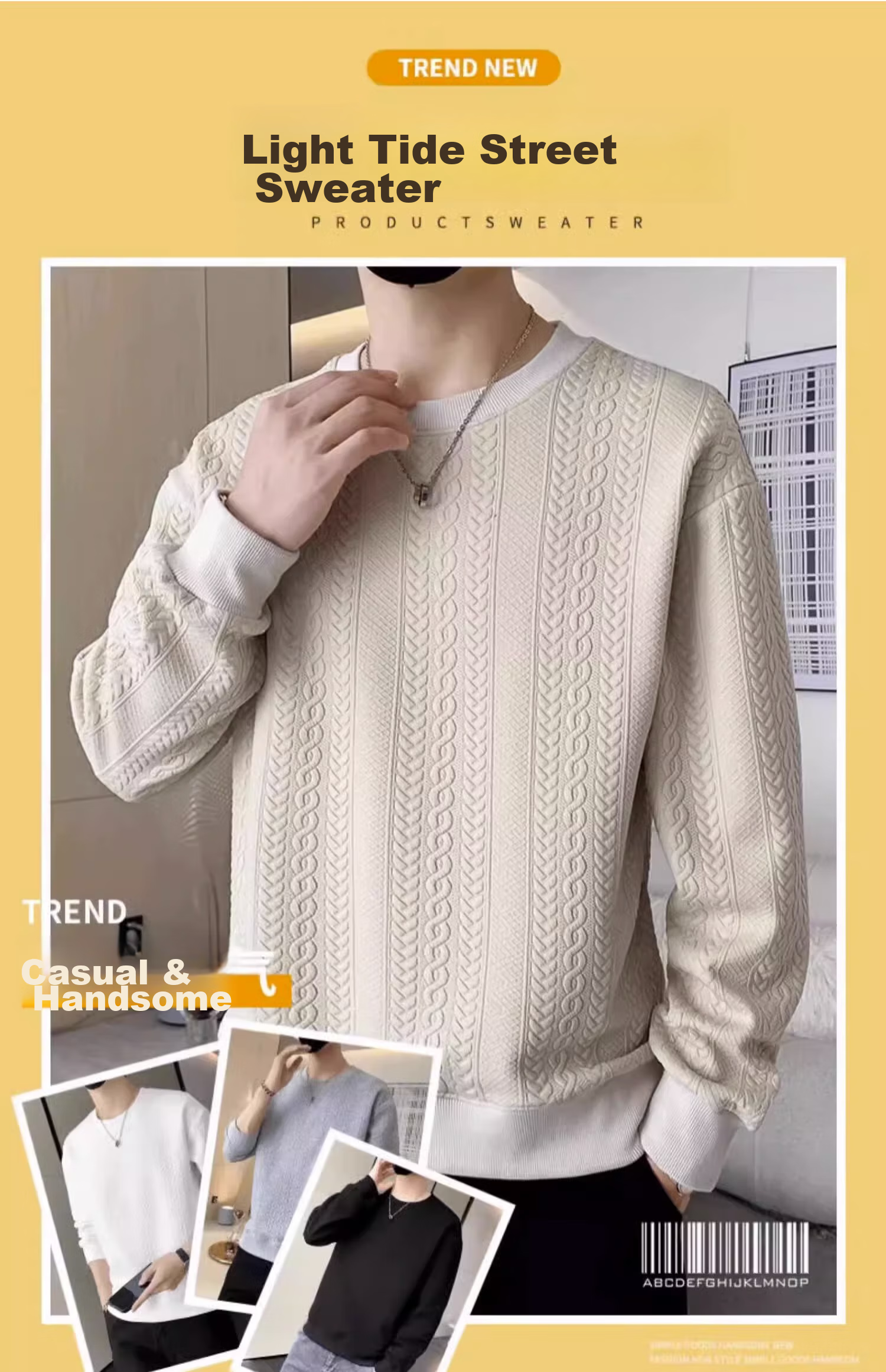 Dingfengbaoluo Men's Long-Sleeve T-Shirt, Spring Versatile Fashion Jacquard Sweatshirt, Loose Trendy Top, JE2221 White XL 1