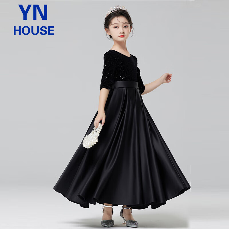 Yinuofang Girls' Princess Dress, Children's Day Host Black Formal Long Dress, Flower Girl High-End Piano Performance Gow