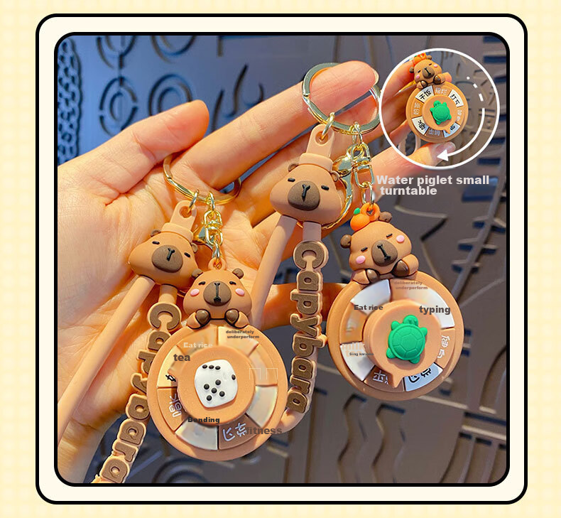 Miletang Capybara Toy Small Turntable Car Keychain, Water Deer Rubber Key Ring, Stress Relief Toy 9