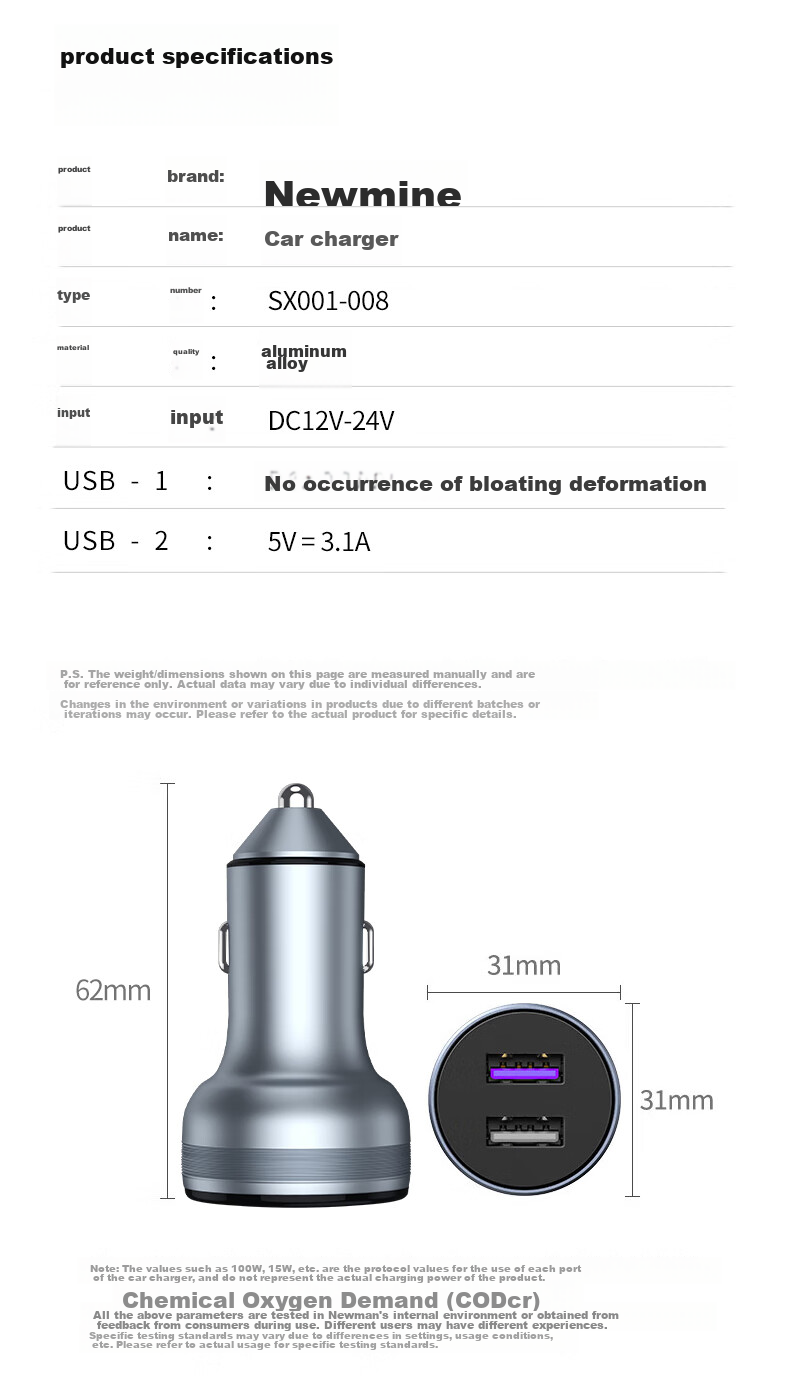Newmine Car Charger And Cigarette Lighter, Dual USB Ports, Metal Car Charger with Voltage Display And Fast Charging Detection SX001-008 8