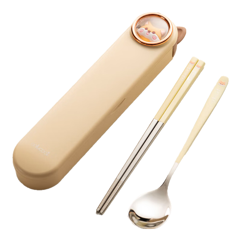 Onlycook 304 Stainless Steel Portable Tableware Set for Students And Children, Chopsticks And Spoon with Storage Box - Puppy Desig