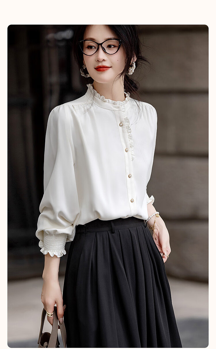 Dme [Ruched Shiny Blouse] Spring And Autumn French Style Women's Elegant Ruffle Stand Collar Pleated Blouse Women's Top 3