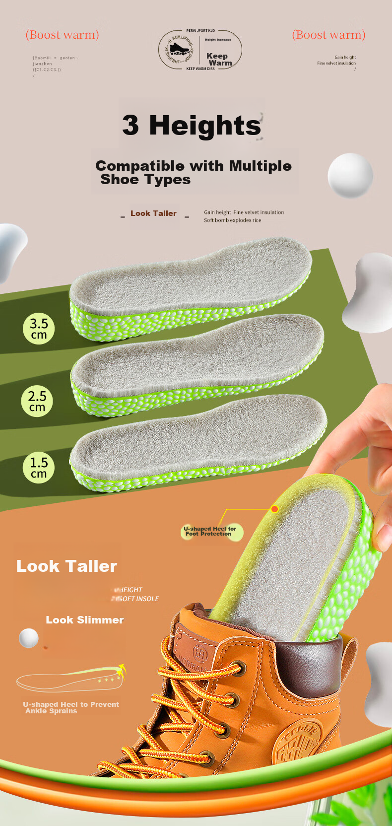 Nanjiren Warm And Height-Increasing Insoles for Men, Shock-Absorbing Breathable Invisible Hidden Height-Increasing Full Insoles with Squishy Feel, 2.5cm, Size 39-40 11