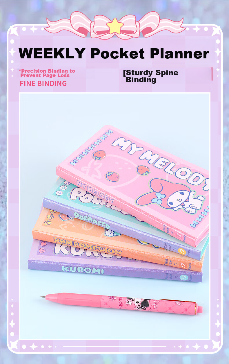 GuangBo X Sanrio Weekly Pocket Planner, Melody Stickers, Student Notebook, Compact And Portable Journal, 80*156mm, 77 Sheets, KT81376 Gift Set 8