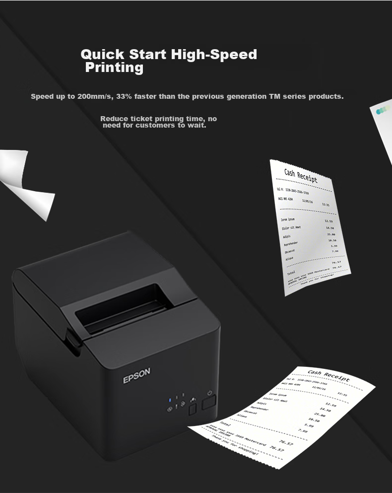 EPSON Thermal Receipt Printer 80mm for Hotels, Takeout, Kitchen Receipts, Barcode And QR Code Printer TM-T100E USB/RS Interface 12