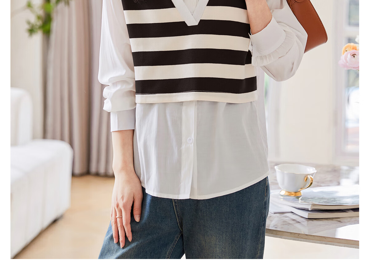Chushen Thin Long-Sleeve Blouse for Women, Stylish Faux Two-Piece Striped Casual Shirt Top S13QC2942 11
