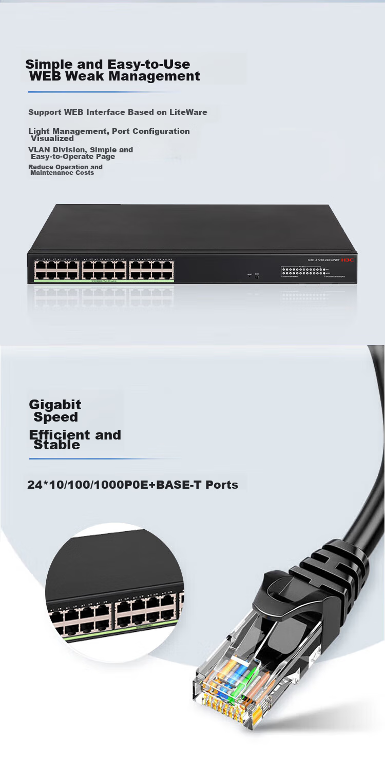 H3C S5024PV6-EI 24 Gigabit Ethernet Ports + 4 Fiber Optic Ports, Full Gigabit Layer 2 Managed Enterprise Network Switch, POE Power Supply 400W / Intelligent Stack / IPv6 2