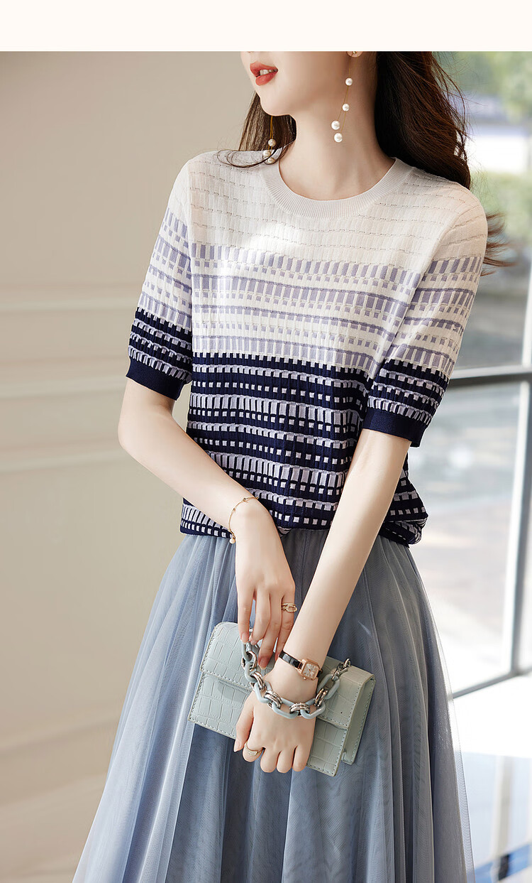 Dme [Bingchuan Meiros] Spring And Summer Double-Curved Ice Linen Sweater, Round Neck, Contrasting Color Jacquard, Petite Knit Top for Wome 9