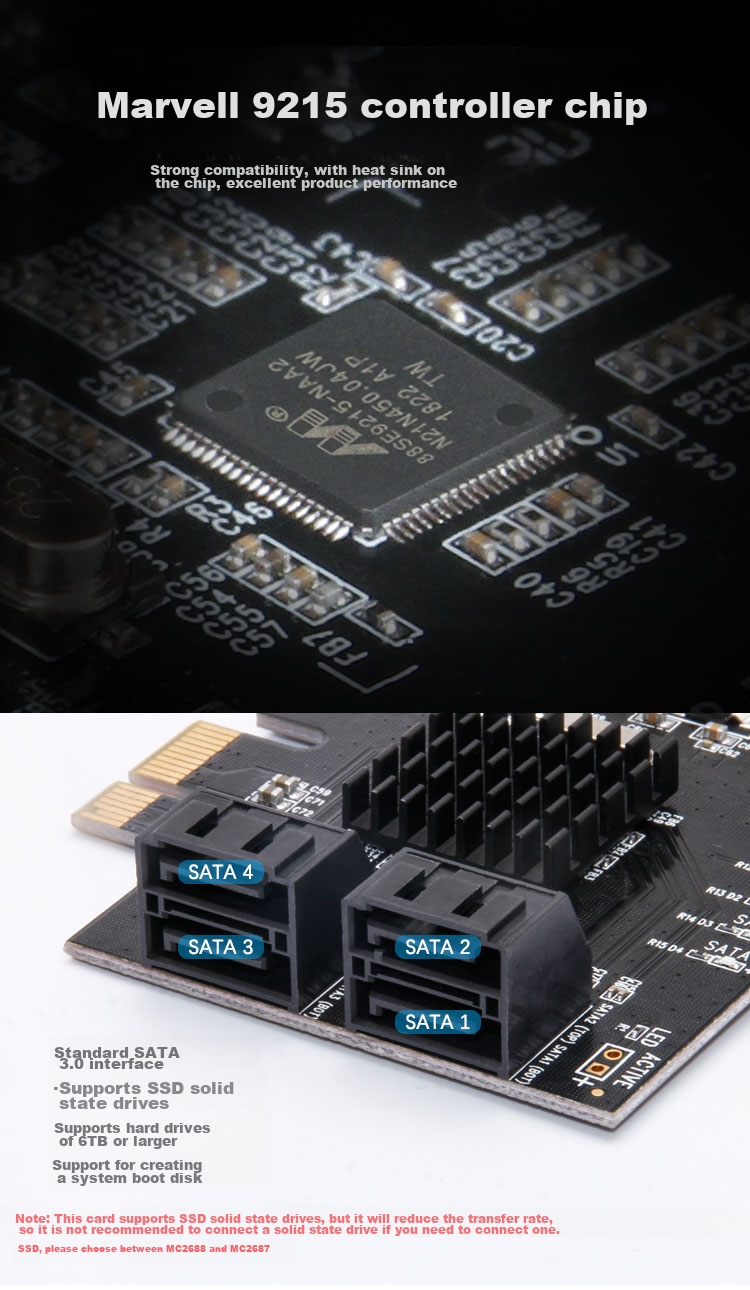 MOGE Desktop PCIE to 4-Port SATA 3.0 Hard Drive Expansion Card, Marvell 9215 Chip, Supports System Boot MC2692 3