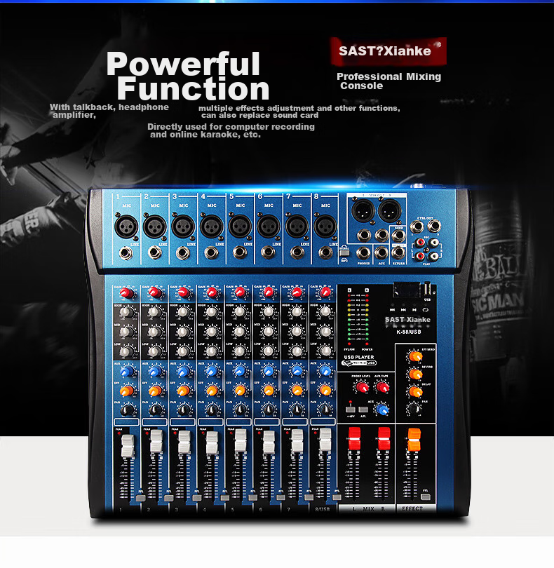SAST K88 Professional 8-Channel Mixer for Stage Performances And Conference Rooms with Bluetooth, Reverb Effects, MP3 Multi-Functional Audio Control Console 2