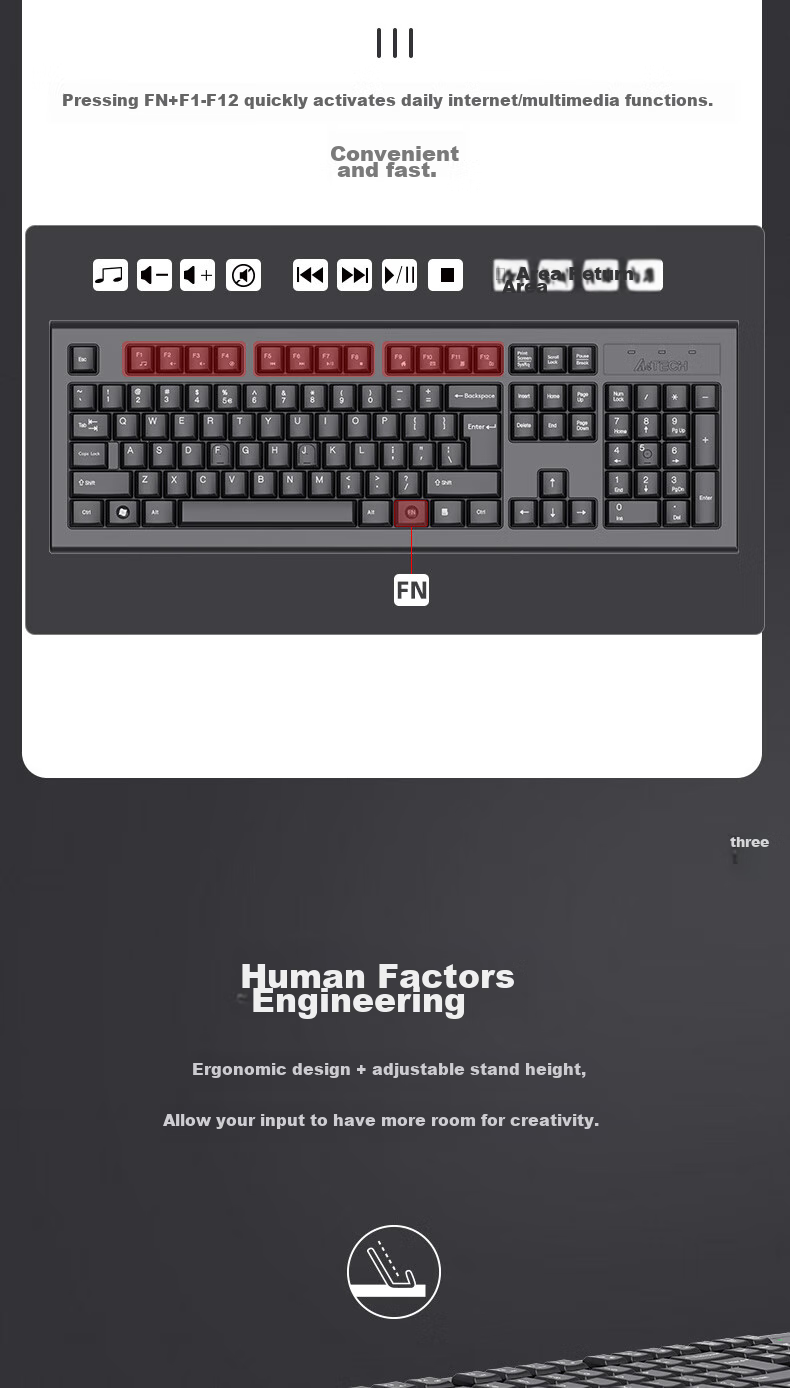 A4TECH 3000N 104-Key Wireless Keyboard And Mouse Combo, Wireless Keyboard And Mouse Set, Thin Film Office Keyboard with Good Typing Feel, Black, Wireless 3