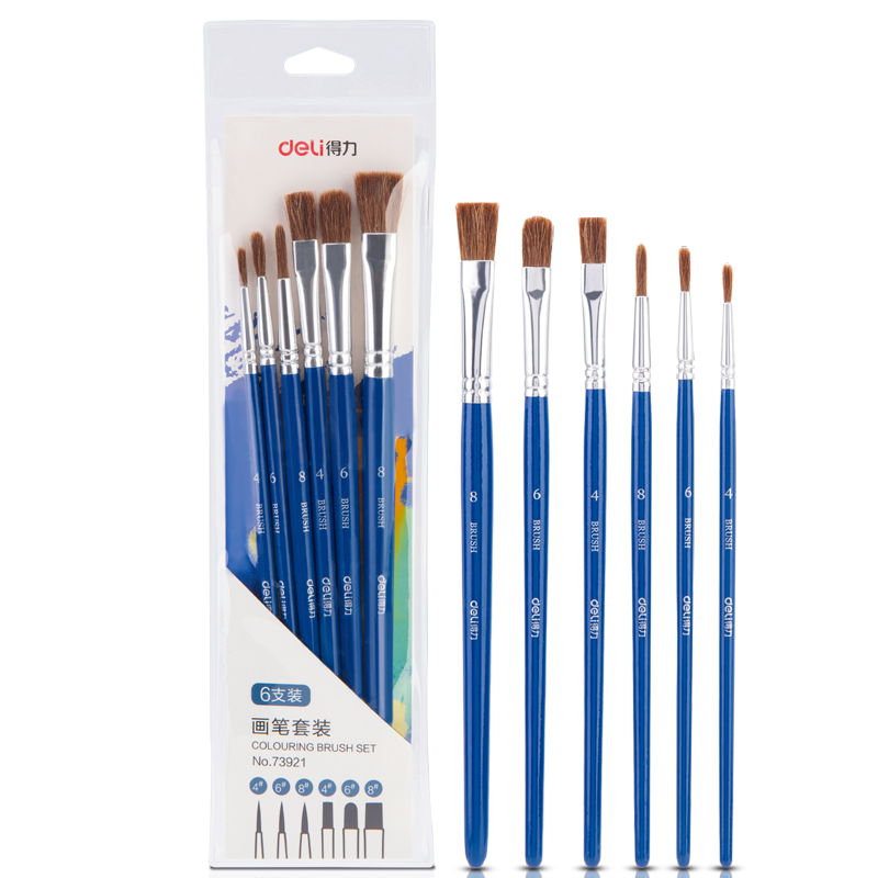 Deli Horse Hair Watercolor Brushes, Set of 6, Birch Wood Handle, for Art Exams And Watercolor Painting, Good Absorbency, Gouache Paint Art Brushes, Student Art Graduation Gift