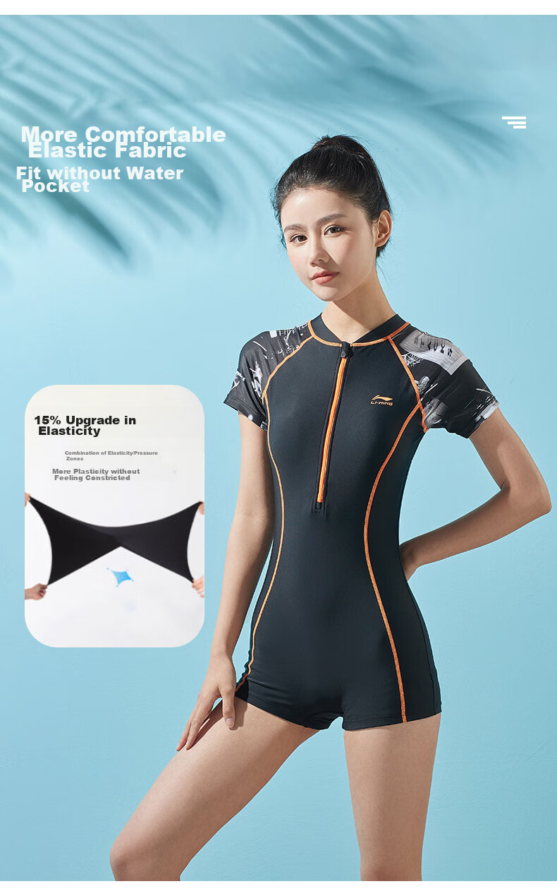 LI-NING Women's Professional One-Piece Swimwear, Square Leg, Tummy Control, Slim Fit, High Elasticity, Spa Resort Swimsuit 062 Black Floral 3XL 4