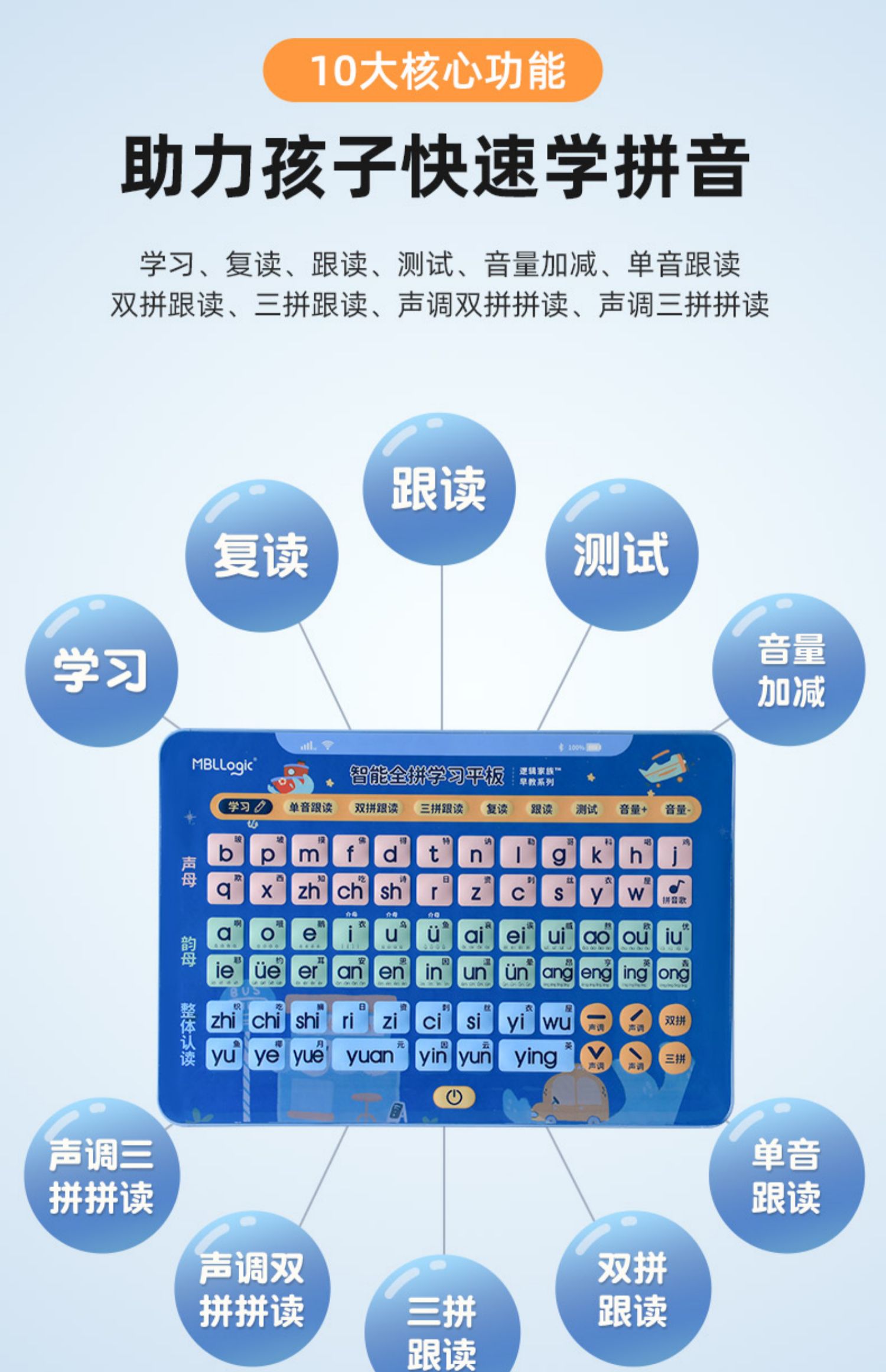 乐智一年级拼音点读机汉语拼读训练字韵母表卡片有声挂图墙贴早教弭黎