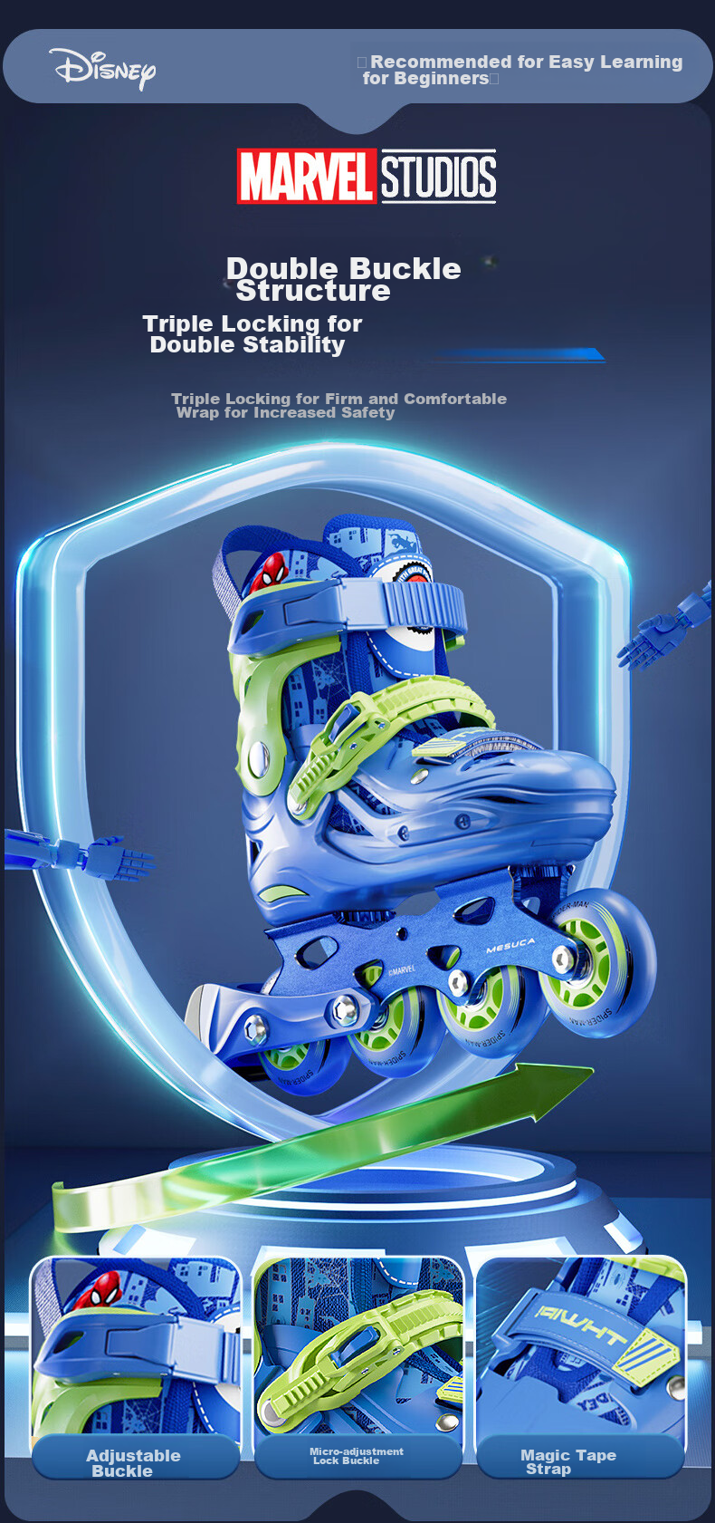 Disney Roller Skates for Children, Professional Girls' And Boys' Beginner Inline Skates, Ice Skating Shoes, Dry Ice Straight-Wheel Roller Skates, Spider-Man Set M 10