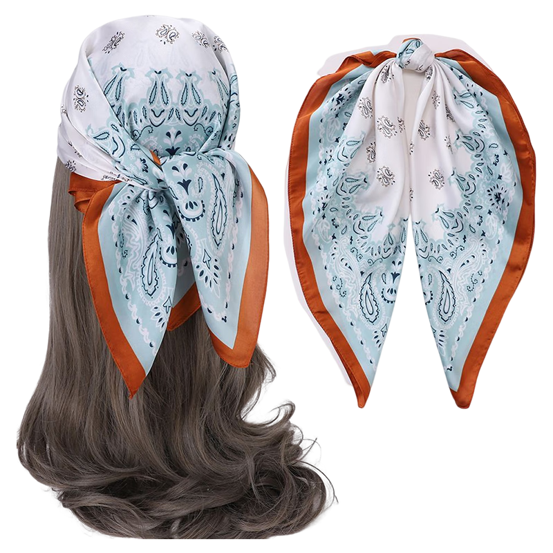 GLO-STORY Silk Scarf for Women, Fashionable Elegant Small Square Scarf Versatile Decorative Neck Scarf WSJ814049 Blue with Coffee Edge
