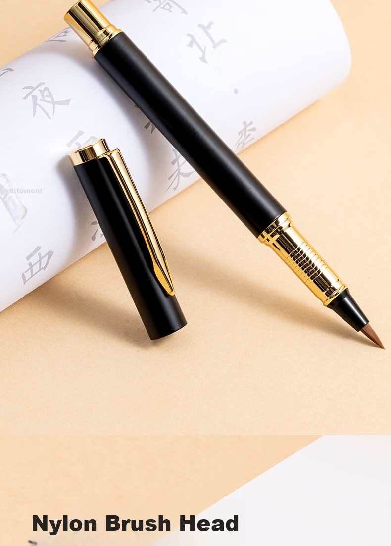 Deli Fountain Pen-Style Brush Pen, Soft Calligraphy Practice Pen for Small Regular Script, Refillable Ink, Adult Beginner Student Calligraphy Copybook Practice Pen with Soft Wolf Hair Tip, Portable Sutra Writing Pen for Business, Black And Gold 4