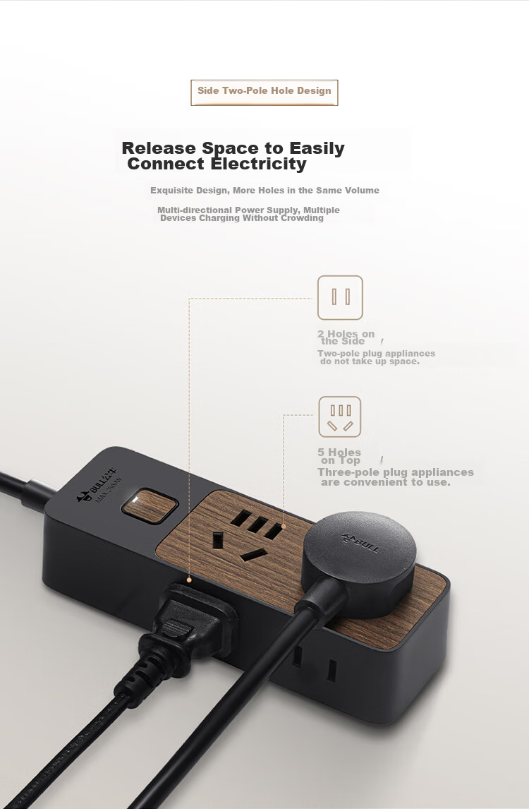 BULL Power Strip / Extension Cord / Surge Protector / Multi-Outlet Strip / Power Board / Cable Reel with Master Switch, 4 Outlets, 1.8m, Black Wood Grain, GN-R1220 4