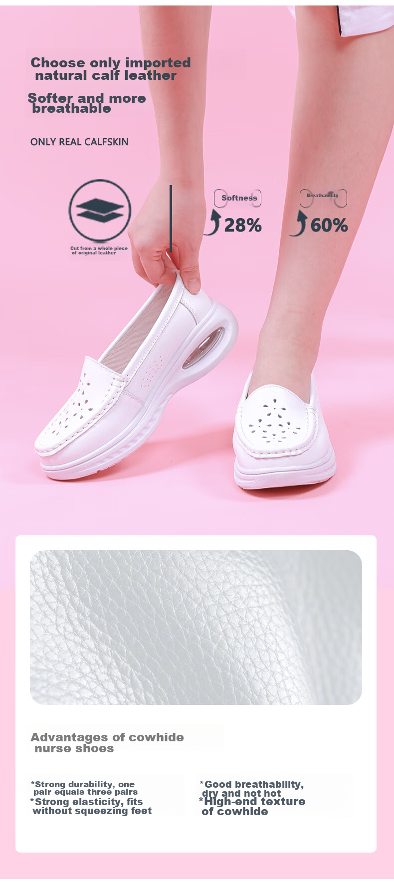 Feiying Nurse Shoes for Women, Genuine Leather, Breathable, Comfortable Soft Sole, Hollow Design, Easy on Feet, Medical Work Shoes, 2316 White, Size 34 4