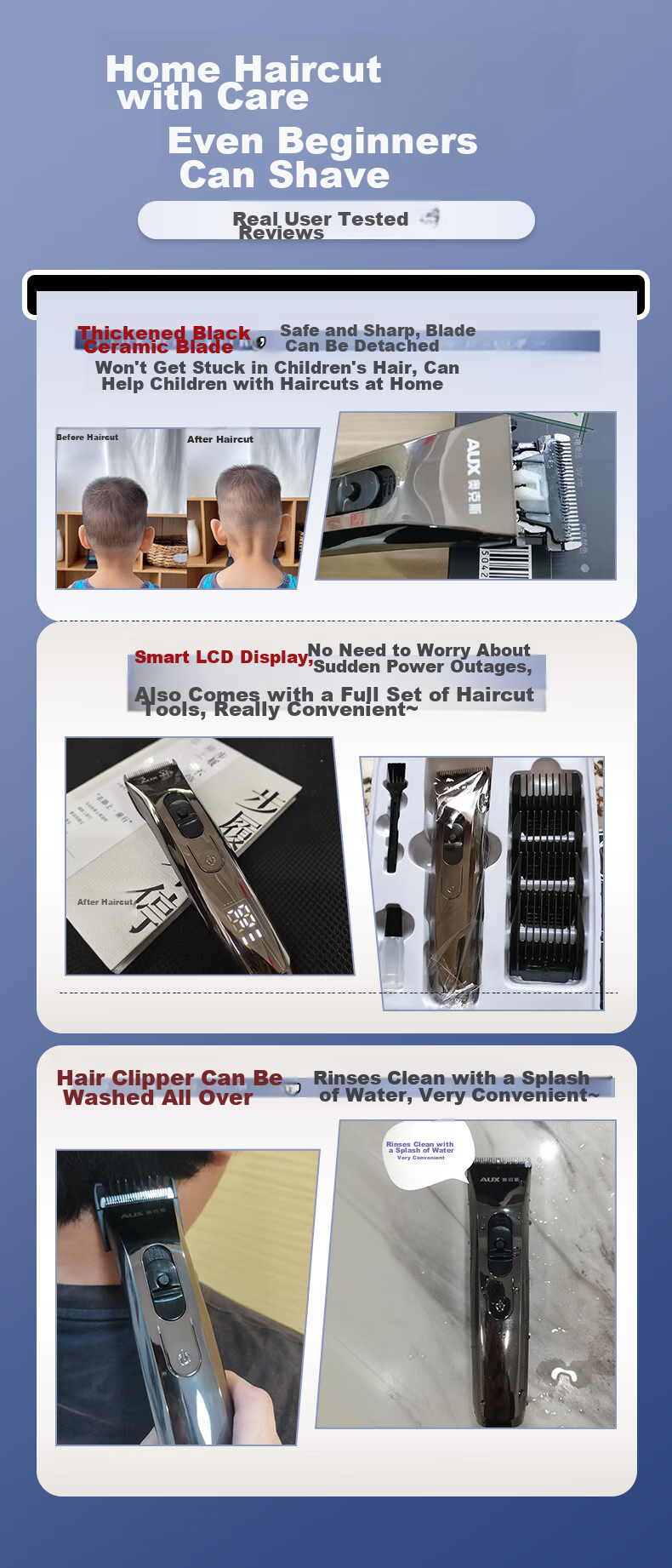 AUX Hair Clipper, Electric Trimmer for Children's Home Use, Professional Hair Cutting Scissors, Self-Haircut Tool, Hair Cutting Device with Complete Set of Hairdressing Tools [Standard Configuration + Double Scissors] 2