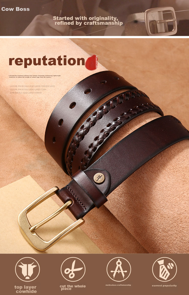 Cattlesboss Leather Belt for Men, Cowhide Waistband with Pin Buckle, Top-Grain Leather with Copper Buckle, Handwoven 1977, Dark Brown, 110cm 1