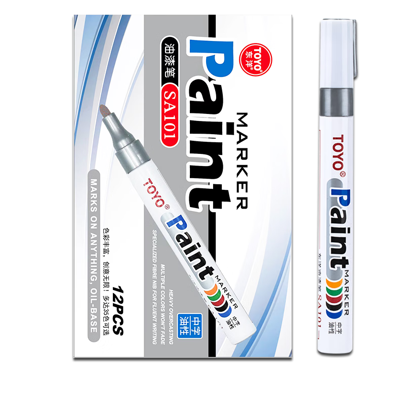 Dongyang SA101 Oil-Based 2.8mm Paint Marker, Quick-Drying, Waterproof, Heat-Resistant, Marker Pen, Tire Pen, Sign-In Pen, Marker Pen, 12 Pieces Per Box / Silver