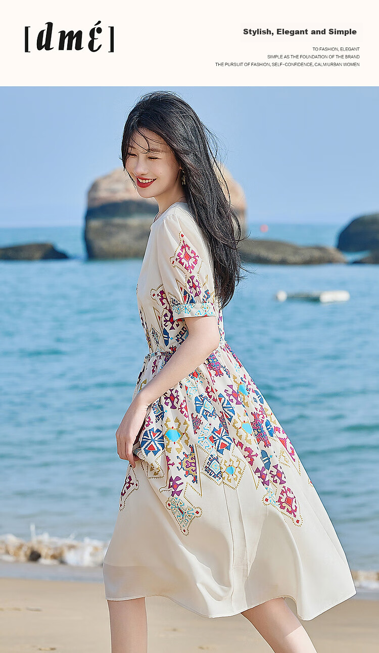 Dme [Romantic French Series] Lightweight, Flowing, Ethereal Atmosphere Non-Positionable Floral Print Mid-Sleeve Women's Dress 1