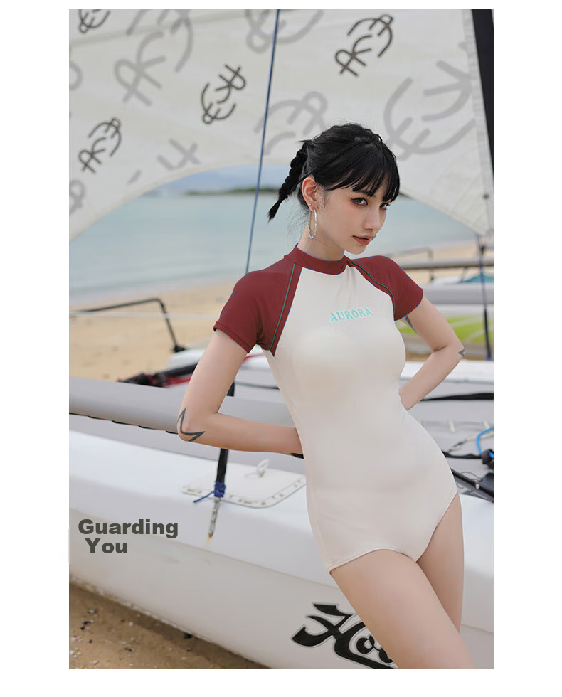 OMOM Conservative Two-Piece Swimsuit for Women, Tummy Control Slimming Swimwear for Students, Sports Professional Hot Spring Training Swimwear, Blue And White, Size L 7