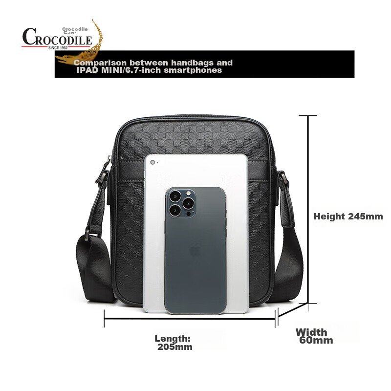 CROCODILE Top-Grain Leather Plaid Business Casual Shoulder Bag, Men's Vertical Crossbody Bag XT2045, Gift for Boyfriend