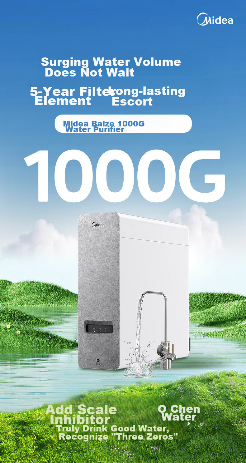 Midea Baize Max 1600G Water Purifier 0 Scale Inhibitor 6-Year Long-Lasting RO Reverse Osmosis Under-Sink Household Drinking Water Filter Top Flow Smart Touch Screen 6