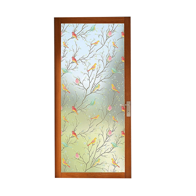 Qinghua Frosted Glass Privacy Film, Bathroom Window Privacy Sticker, Light-Transmitting But Not See-Through, Colored Bird Pattern, 90*200cm