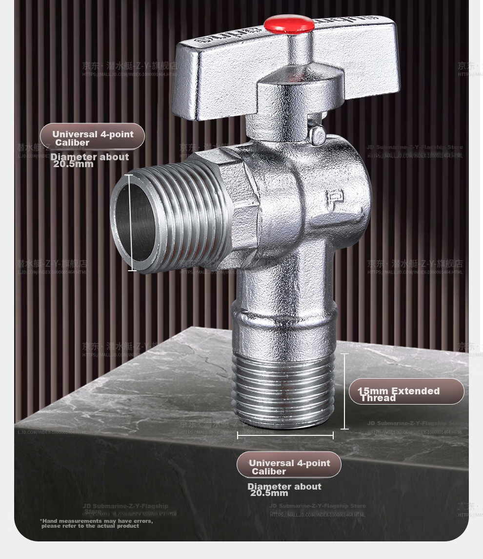 Submarine F104H Brass Ball Valve, Spherical Brass Valve Core, Full-Open High-Flow Cross Valve, Gunmetal Gray Hot Water Angle Valve 13
