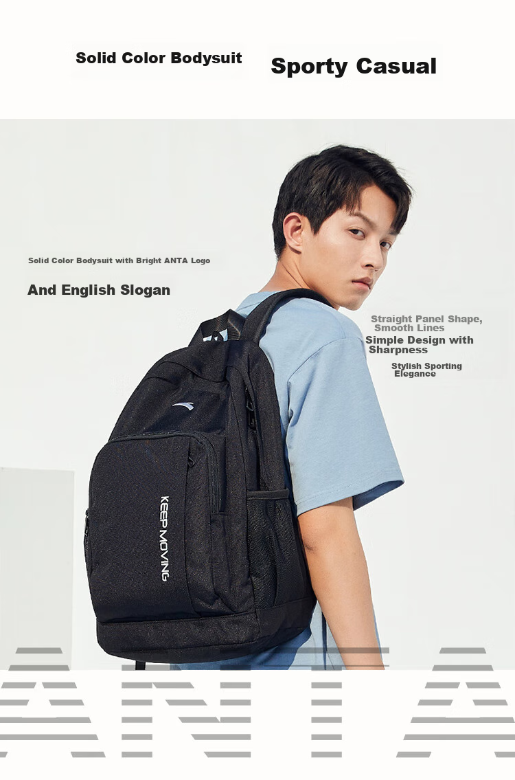 Anta Walker Black Backpack Unisex Student School Bag Laptop Sports Travel Bag 2