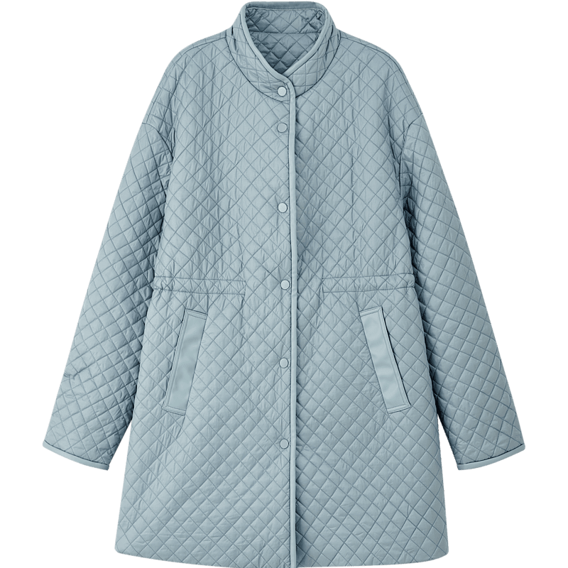 Dme [Quilted Diamond-Patterned Cotton Coat] Winter Stand-Collar Loose-Fit Drop-Shoulder Anti-Chafe Cotton Jacket for Women, Mid-Length Style, Gray-Blue, L