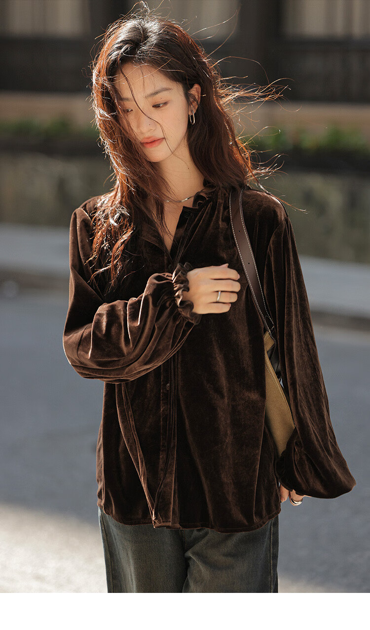 Dme [Retro Elegant Brown Shirt], Spring And Autumn Style, Silk Ribbon Collar, Velvet Blouse for Wome 16