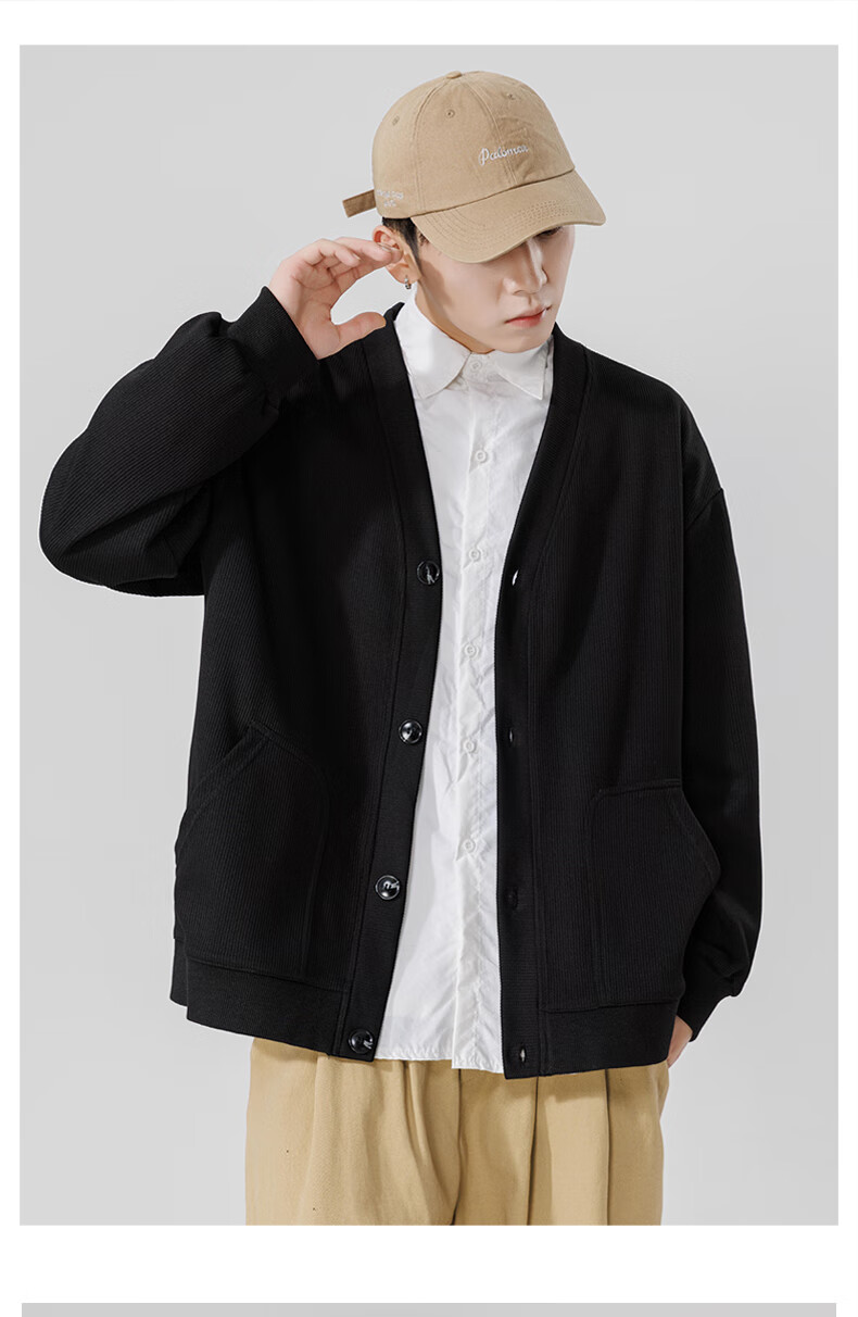 MMOPTOP Japanese-Style Solid Color Knit Sweater, Long-Sleeved Men's Spring And Autumn Vintage Loose V-Neck Cardigan MT2350 Black M 9