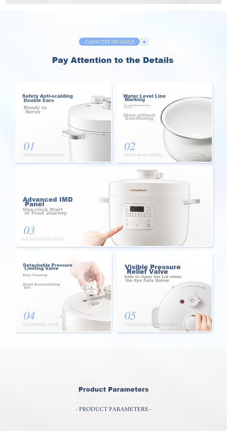 Morphyrichards Electric Pressure Cooker, Electric High-Pressure Cooker, Electric Rice Cooker, Home Use 2.5L Enamel Cast Iron Pot, Multifunctional Soup Pot, Electric Hot Pot, Electric Cooking Pot MR8701 White 16