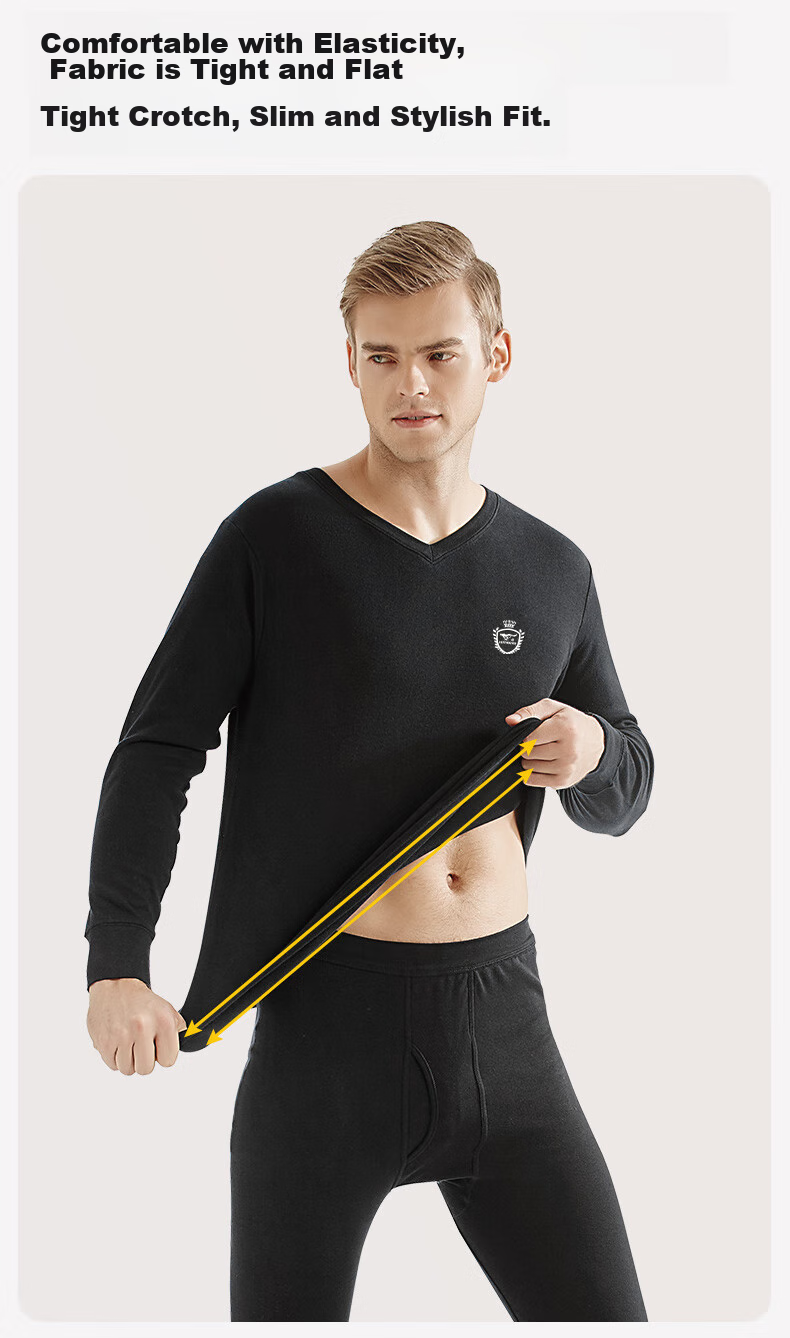 SEPTWOLVES [Antibacterial] Men's Autumn And Winter Thermal Underwear Set, Pure Cotton V-Neck Long Johns And Pants 15