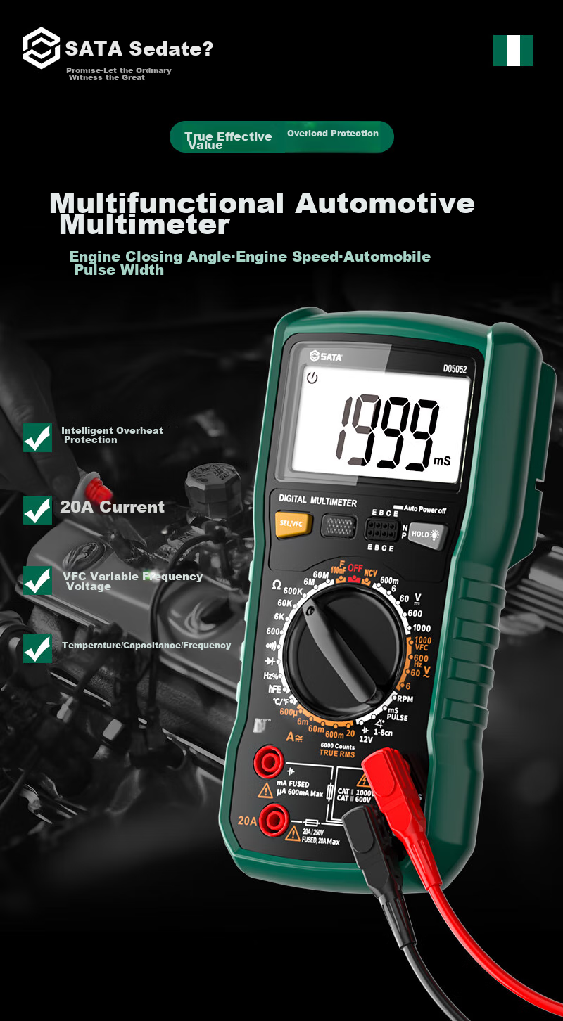 Shida SATA Automotive Multimeter, Multi-Functional Inspection, Burn Prevention, Auto Repair Digital Display Universal Meter, Electrician-Specific D05052 Standard Configuratio 2