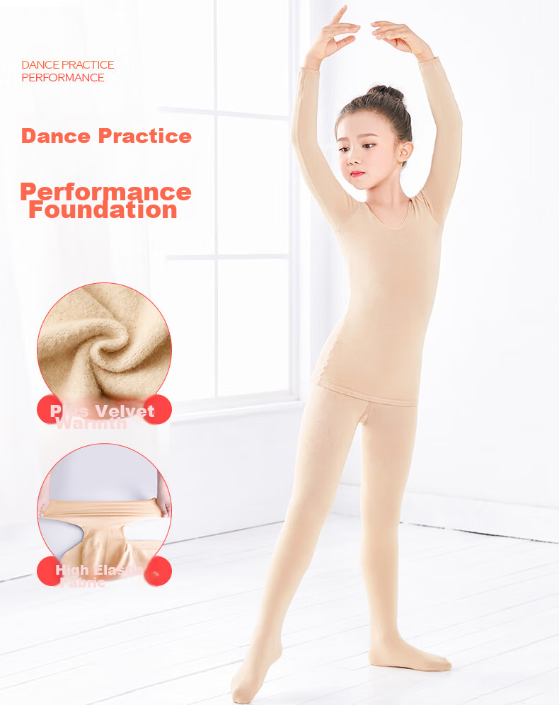 Aiwu Ge Children's Dance Base Layer Skin Color Invisible Practice Suit Girls Light Nude Base Layer Set Size M - Fleece Lined 1