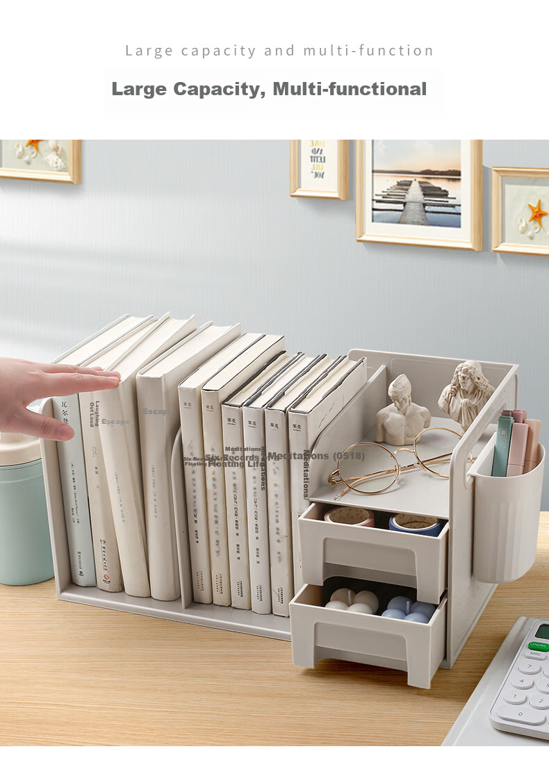 Jianfan Desktop Bookshelf Storage Box, Creative Bookend with Pen Holder, Office Desk Organizer, Multifunctional Drawer File Folder Storage Rack, Book Holder, Beige 2