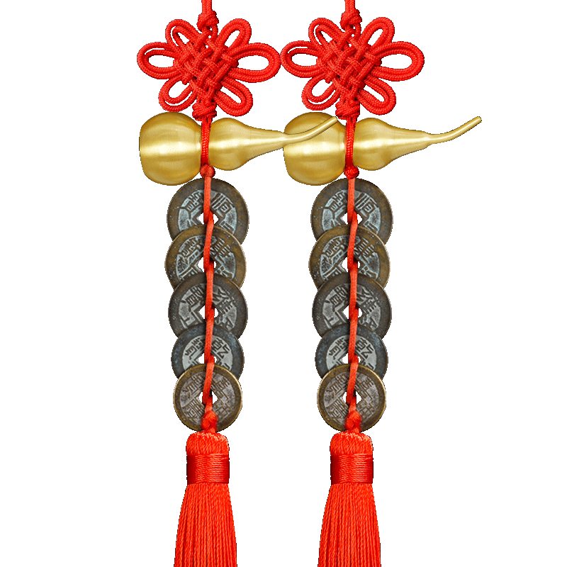 Feng Shui Pavilion Five Emperor Coins Copper Open Gourd Door Hanging Ornament for Front Door Neighbor Bedroom Bathroom Decoration