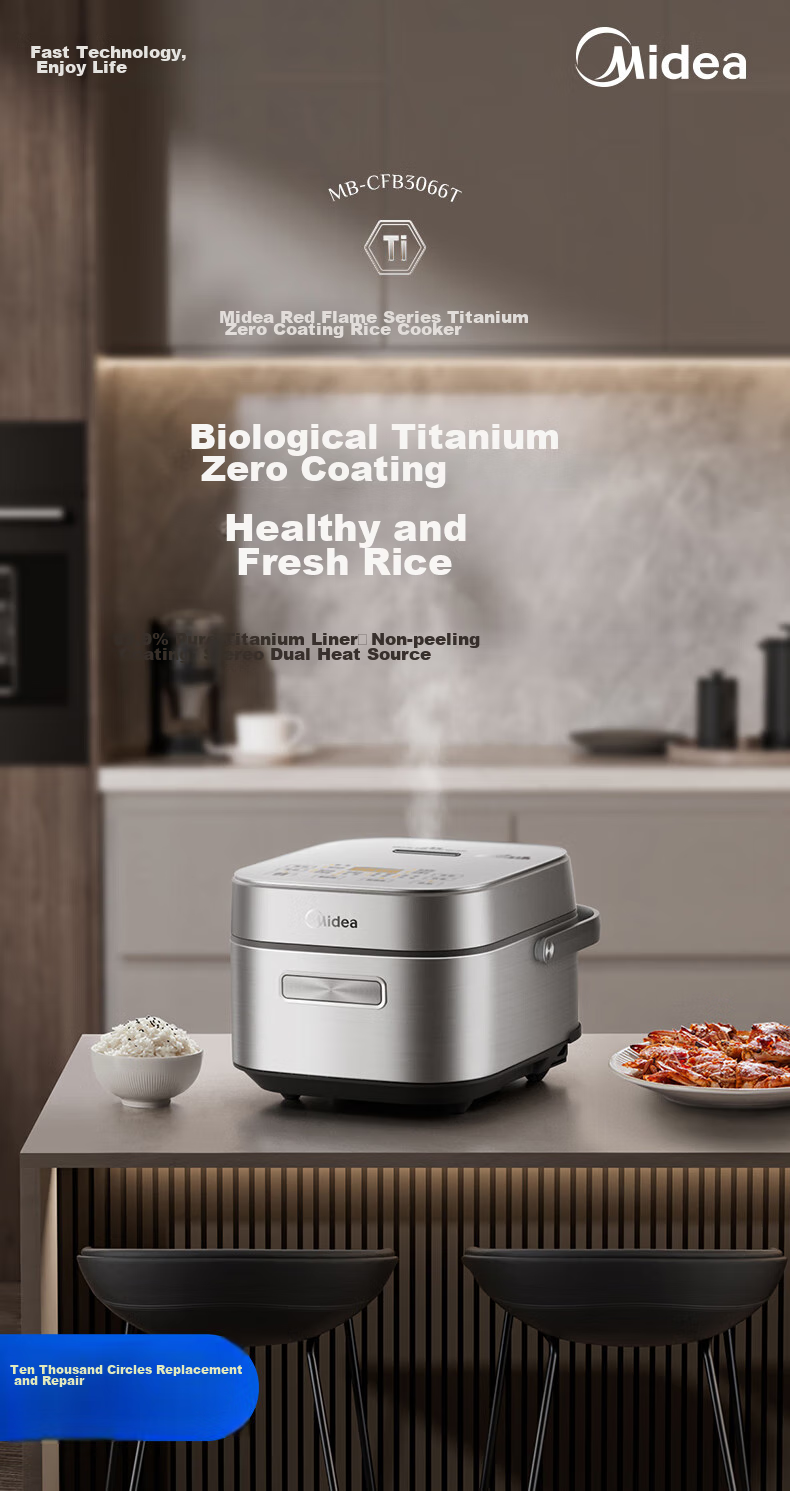 Midea Pure Titanium 0 Coating Low Sugar Rice Cooker, 3L Electric Rice Pot for Home Use, 2-3 People, Chiyang Charcoal Fire 1000W Electromagnetic IH Dual Heating Source, Titanium Pot Set 1