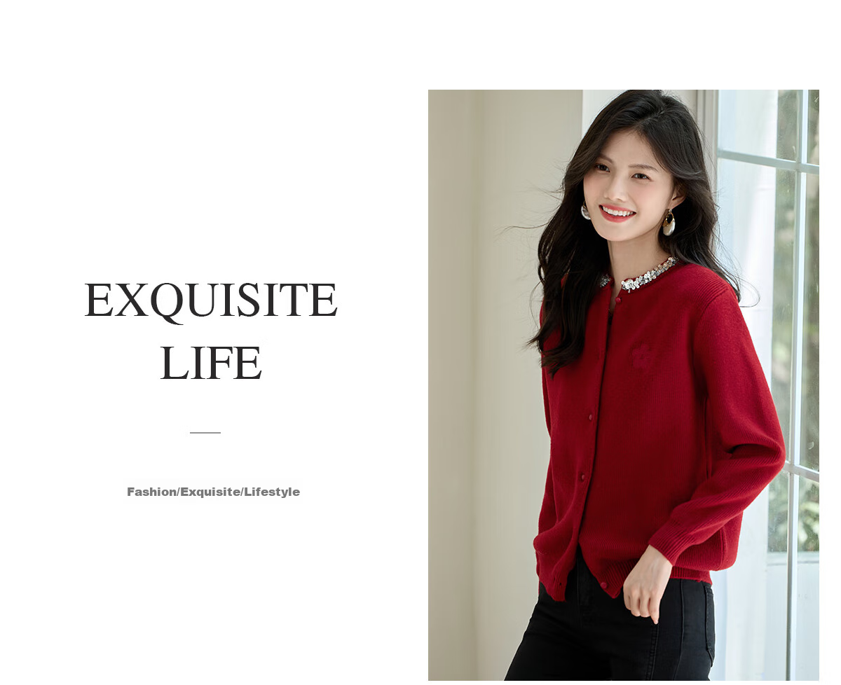 Taxiang Knitted Cardigan for Women, New Year Outfit, Red Sweater Coat with Sequins And Embroidery, Women's Cardigan Top T143Z3012 22